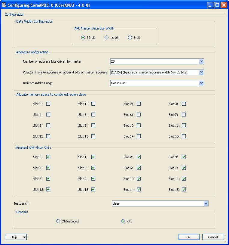 SmartDesign Figure 3. CoreAPB3 Configuration GUI The configuration options displayed in the configuration GUI correspond with the configuration parameters listed in Table 1.
