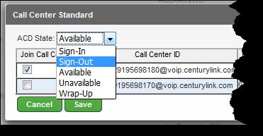 6. Change your agent status by selecting options from the ACD State drop down box: a. Sign-In - signs you into any Contact Center you are a member of and joined b.