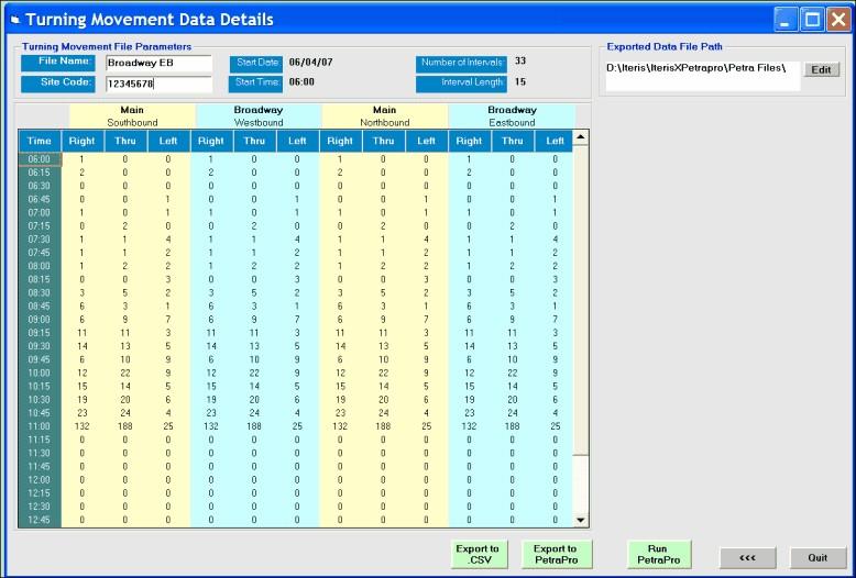 Program Overview 15 The software parses the data in the count files you selected and uses the assignments you made in the last screen to find the turning movement data, which is displayed on the grid