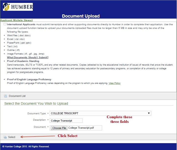 Click Select to upload the document Applicants should review the list of documents that are being