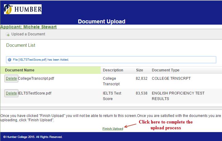 Once all documents have been uploaded, the applicant should click Finish Upload to complete the upload process.