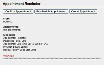 Appointment time, date, provider, and facility are also included in the message.