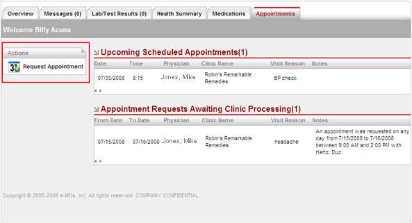 To request an appointment: 1. To schedule an appointment, click the Appointments tab. Current and pending appointments are displayed.