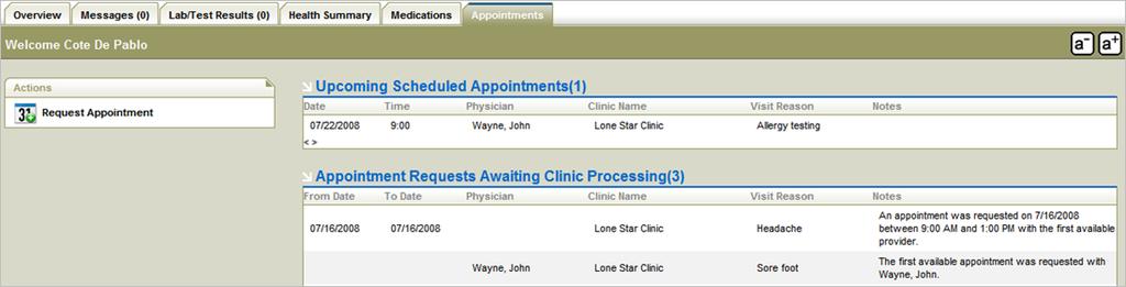 The Upcoming Scheduled Appointments section shows appointments that have already been scheduled.