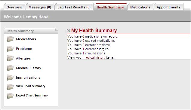 To view, print, or save your Health Summary: 1. On the main Portal screen, click the Health Summary tab. 2.