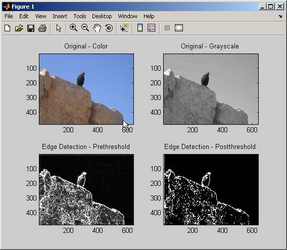 Review & Simulate the Prewitt Edge Detection Design At the end of the simulation, the original color, original grayscale, and edge detection results are displayed (see Figure 11).