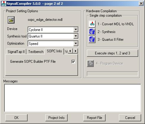 Review Integration of Edge Detector Using SOPC Builder 3. Click Analyze. This opens the SignalCompiler 5.0.0 - page 2 of 2 dialog box, as shown in Figure 19. Figure 19. SignalCompiler 5.0.0 - page 2 of 2, Hardware Compilation Feature 4.