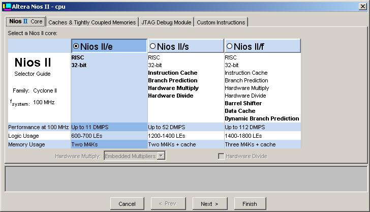 Review Integration of Edge Detector Using SOPC Builder Figure 23 shows the Nios II cpu processor block. Figure 23. The Altera Nios II - cpu Processor Block Table 1 lists the settings for the Nios II processor, cpu.