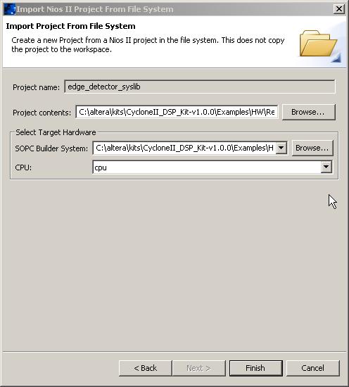Review Software Project in Nios II IDE 8. Repeat steps step 2 through step 7 to import the following project (see Figure 27): <install-path>\cycloneii_dsp_kit-v.1.0.