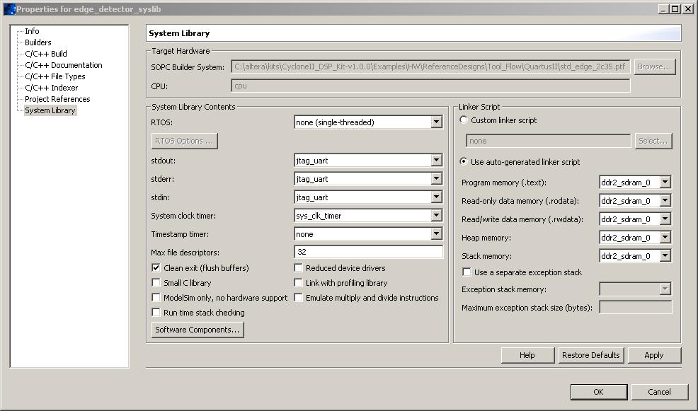 Review Software Project in Nios II IDE 10. In the Properties for edge_detector_syslib dialog box, select System Library (see Figure 28).
