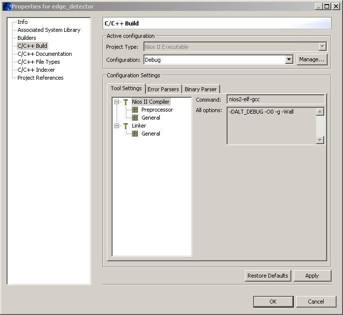 Review Software Project in Nios II IDE 13. In the Properties for edge_detector dialog box, select C/C++ Build, as shown in Figure 30. Figure 29. Project Settings for Edge Detector 14.