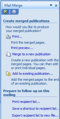 So, when you click Print in the Create merged publications area of the Task Pane, You ll see a the Print Menu screen appear (image below).