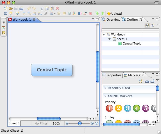 You will see a screen like this: Explore the XMind Interface The large area to the left is the map frame. It will already have one topic box in it labeled Central Topic.