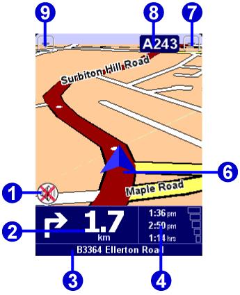 "Next highway" indicator "Zoom out" button The dark red path indicates the calculated route. The route instructions will guide you along this path to reach your destination.