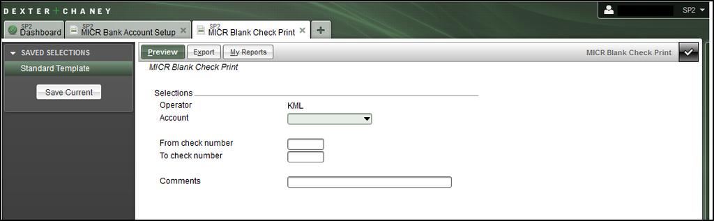 Once the MICR selections fields are populated then select the standard Spectrum preview or export functionality as needed.