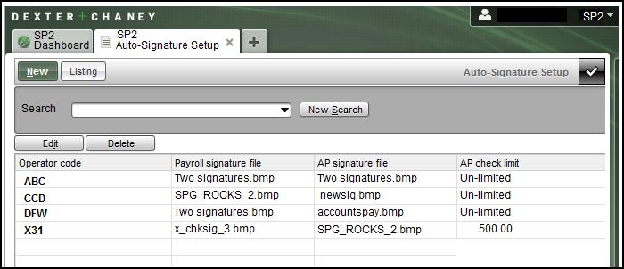 Auto-Signature Setup screen Press Enter to see the operators that have been created along with the file names for the Payroll signature file, AP signature file and the AP check limit.