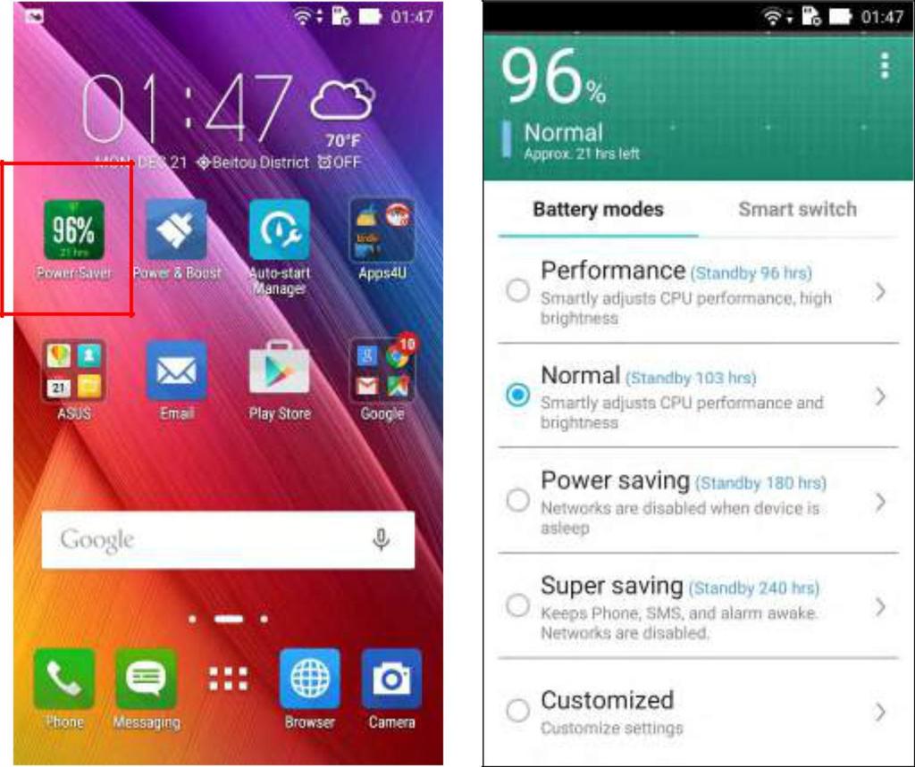 ASUS ZenUI Power Saver App for Battery Optimization As with all new ZenFone Series smartphones, ZenFone Max comes with Android M 6.0.1 and ASUS ZenUI.