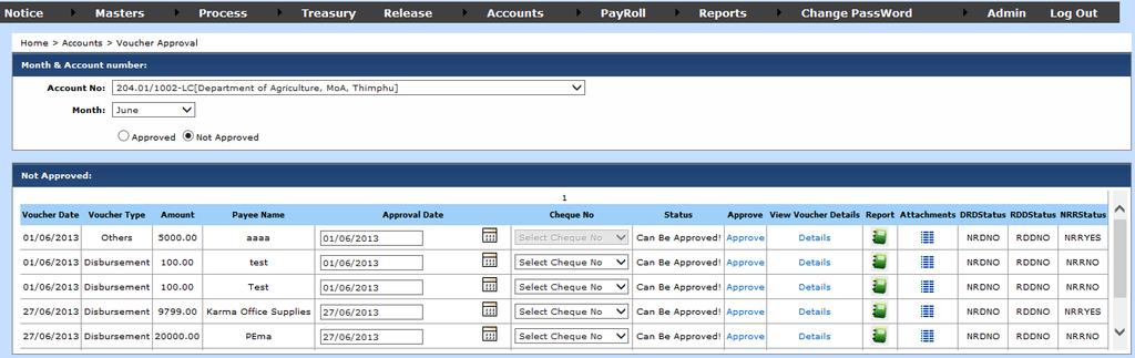3. Budgetary Agency-Approval Level (Head of Accounts) a) Go to Accounts module, select Voucher Approval, select Account Number, and select Pending.