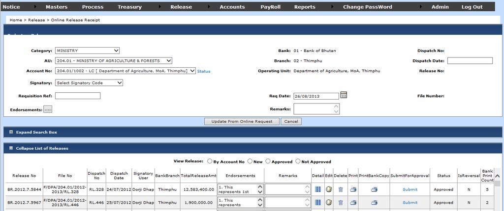 Step 4: Online Budgetary Release Receipt (DPA): a) Go to the Release Module and select Online Release Receipt. b) Select category, AU, Account No.