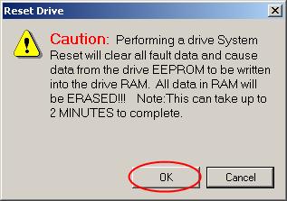 e. Finally, click OK to reset the drive. Communications will be lost at this time. (Drive Executive shown) (For the HIM when prompted to confirm reset device, click ENTER.