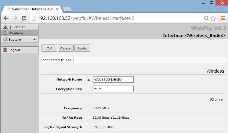 The initial Quick Set page will show whether the wireless link is operating and the current signal strength.