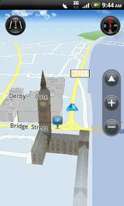 174 Maps and location Viewing maps In Locations, press MENU, and then tap Map. 1 2 5 4 3 1 Tap to switch between 2D and 3D views. 2 Point of interest.