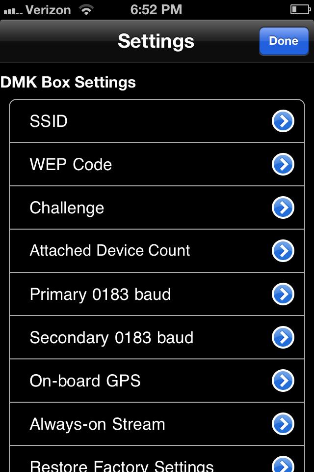 3.3 Changing the WiFi Settings of the DMK Box The DMK 11A can be reprogrammed using the DMK App to change the Wi-Fi settings (e.g. Network Name, password, number of attached devices) The configuration settings menu is found in the DMK App by going to the Instrument List page and tapping the Settings button.