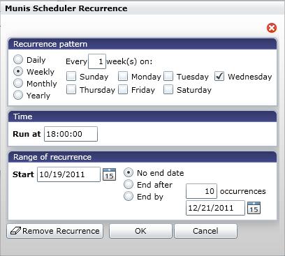 The Recur option displays the Scheduler Recurrence screen. Use this screen to define the recurrence pattern, time, and range for a job; you can also remove a recurrence using this screen.