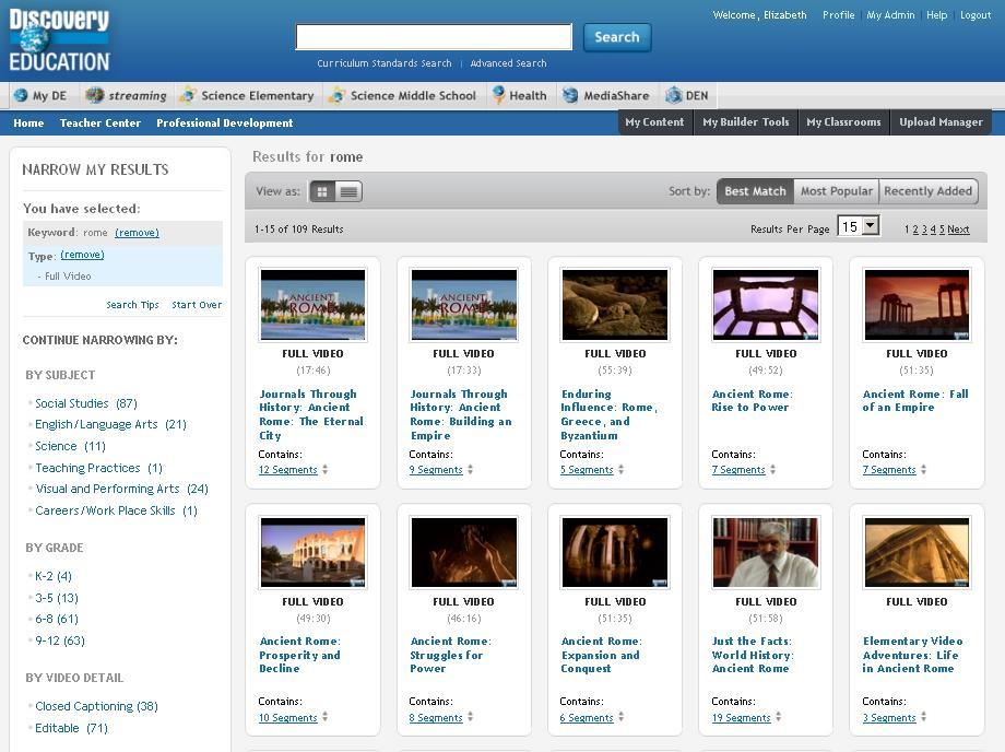 Video Search Results The video search results page includes a thumbnail image, content title, # of segments, and video length.