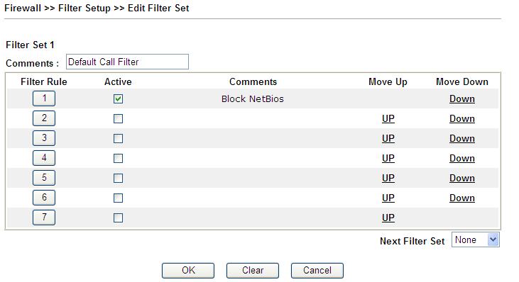 Available settings are explained as follows: Item Filter Rule Active Comment Move Up/Down Next Filter Set Description Click a button numbered (1 ~ 7) to edit the filter rule.