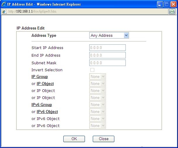 Source/Destination IP LAN. Click Edit to access into the following dialog to choose the source/destination IP or IP ranges.
