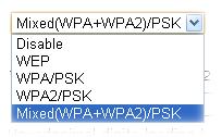 WPA WEP Disable - Turn off the encryption mechanism. WEP-Accepts only WEP clients and the encryption key should be entered in WEP Key.