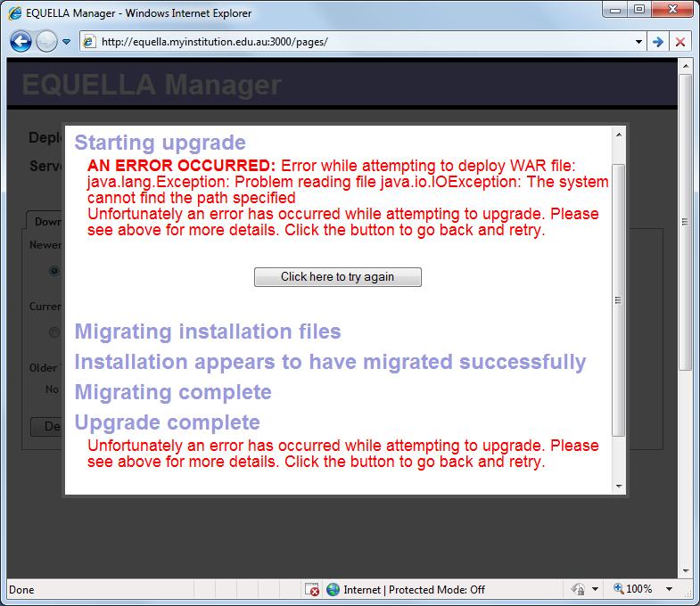 Figure 4 Deploy version dialog upon completion Deployment errors Any errors that occur during upgrading are displayed in the dialog. An example is shown in Figure 5.