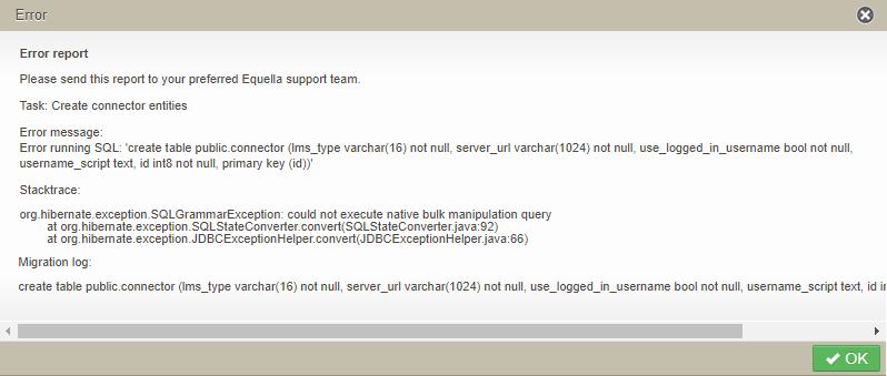 Figure 15 Example migration error report Depending on the type of error and the administrator s experience with EQUELLA upgrades, either resolve the issue and attempt the migration again by clicking