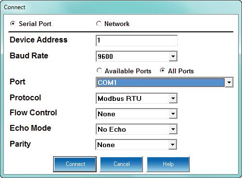 If you are connecting via RS485, make sure your settings are the same as shown here. Use the pull-down menus to make any necessary changes to the settings. a. If you are connecting with either a Shark 100 - INP10 meter/transducer, a Shark 100B/100BT meter, or a Shark 50B meter, click the Network radio button.