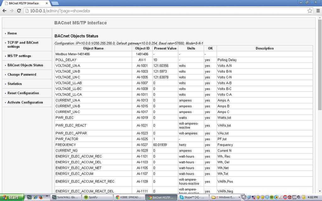 8: Using the Shark 50B Meter BACnet Objects Status Webpage Click BACnet Objects Status on the left side of the webpage to view readings for the meter s embedded BACnet objects.