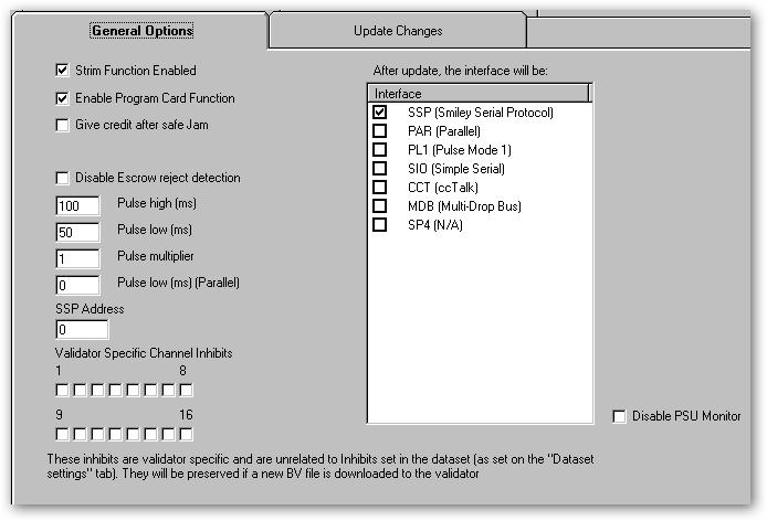NV9 USB Manual Set Section 3 33 The fifth tab General Options allows you to review and modify a variety of validator specific settings, including interface mode: Click these boxes to enable or