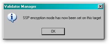 Selecting this menu option will open a dialog box like this: Click this button to enable SSP encryption in the validator.