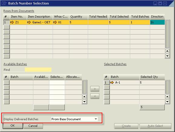 Sending Back Items Managed by Batch Numbers The batches assigned to the specific customer who sends back goods are displayed by default in the Batch Number Selection window that opens from one of the