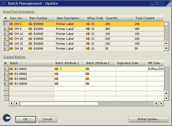 4. Choose the OK button. The Batch Management Update/Complete window opens for all batch numbers in stock.