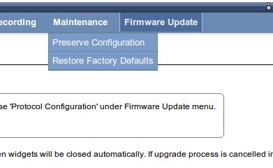 2.7 Maintenance The Maintenance page allows you to configure settings, such as Preserve Configuration, Restore