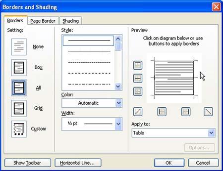 Showing or Hiding Table Borders 1. Select the entire table. From the menu bar, select Format, Borders and Shading.