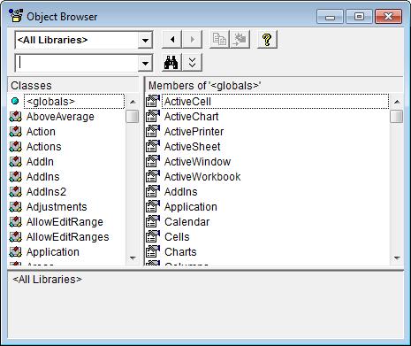 Programming with the Peltier Tech Utility 4 The Object Browser To open the Object Browser, in the VB Editor, go to View menu > Object Browser, or click F2.