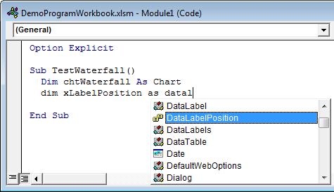 type. For example, when the name of the PeltierTech_WaterfallChart procedure is