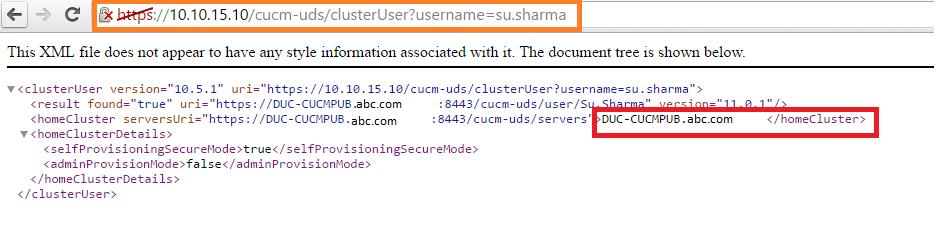 this user Testing ILS Trunk Example URL: https://<ucm>/cucm-uds/clusteruser?username=<username> https://10.10.15.
