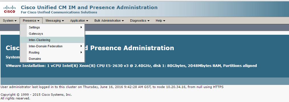 US IMP Server Configuration: Presence > Inter-clustering Add
