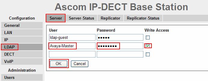After the Ascom wireless IP-DECT Base Station (Avaya-Master) has rebooted, navigate to the LDAP Server frame by clicking LDAP and then clicking Server.
