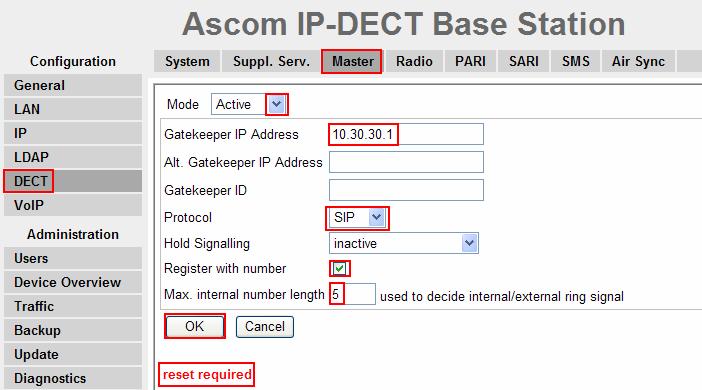 8. Navigate to the DECT Master frame by clicking DECT and then clicking Master. Configure the fields displayed below and then click OK. Use the drop-down list for Mode and select Active.