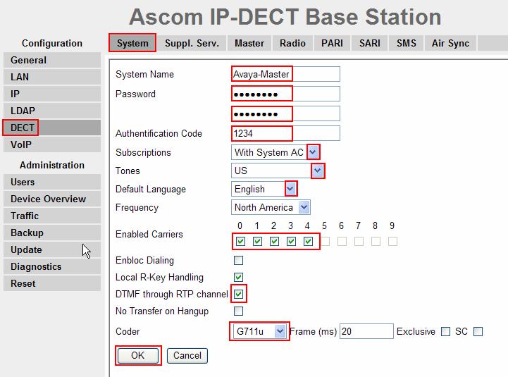 9. Navigate to the DECT System frame by clicking DECT and then clicking System. Configure the fields displayed below and then click OK. System Name is the Device Name used in Step 3.