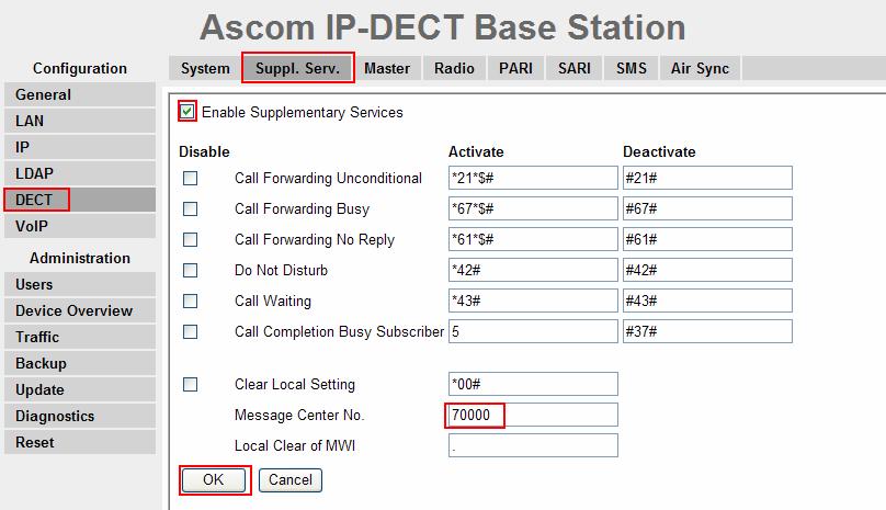 10. Navigate to the DECT Suppl. Serv. frame by clicking DECT and then clicking Suppl. Serv.. Check the Enable Supplementary Services check box.